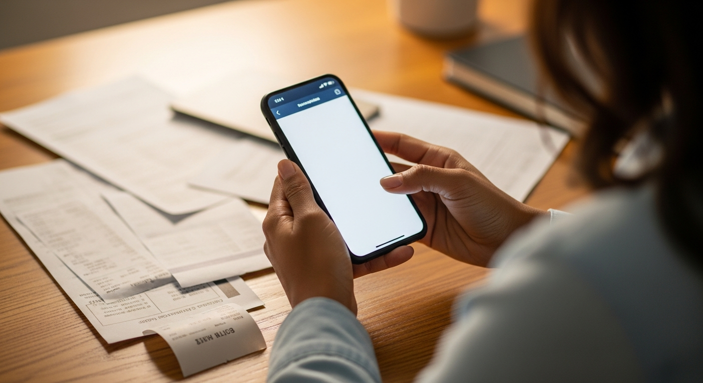 Mãos de mulher brasileira segurando celular com app financeiro ao lado de boletos físicos espalhados na mesa