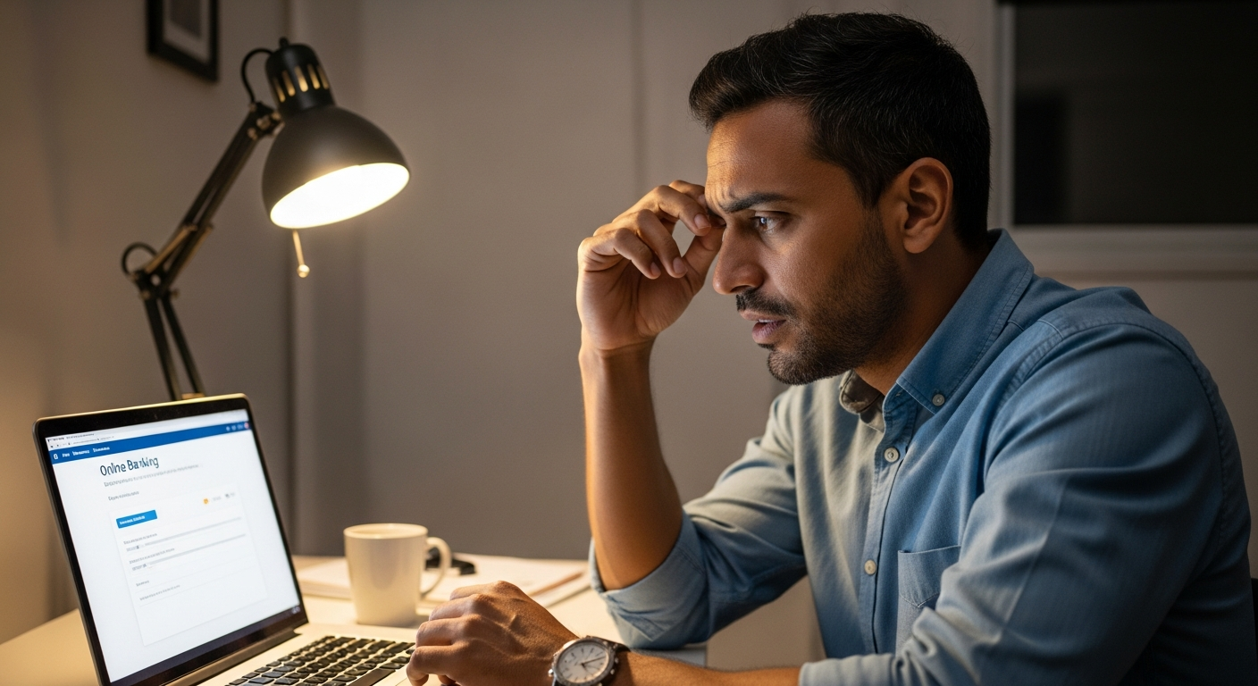 Homem brasileiro preocupado olhando para tela de banco online em home office, representando avaliação de rating bancário