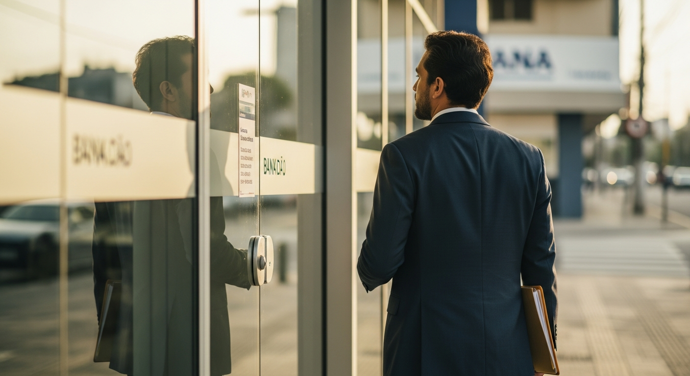 Empresário brasileiro em frente a agência bancária com documentos sob o braço, pronto para negociar capital de giro
