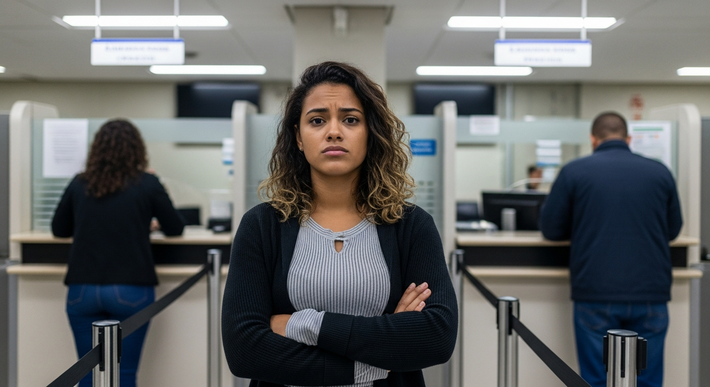 MEI brasileiro com expressão frustrada em agência bancária após dificuldade para conseguir crédito