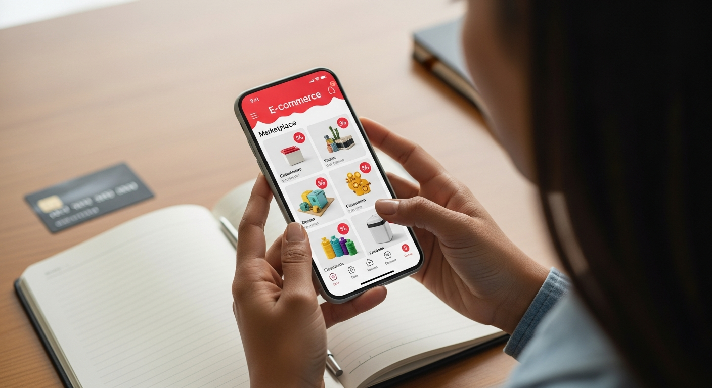 Mãos segurando celular com app de marketplace para comprar produtos com desconto usando cartão de crédito