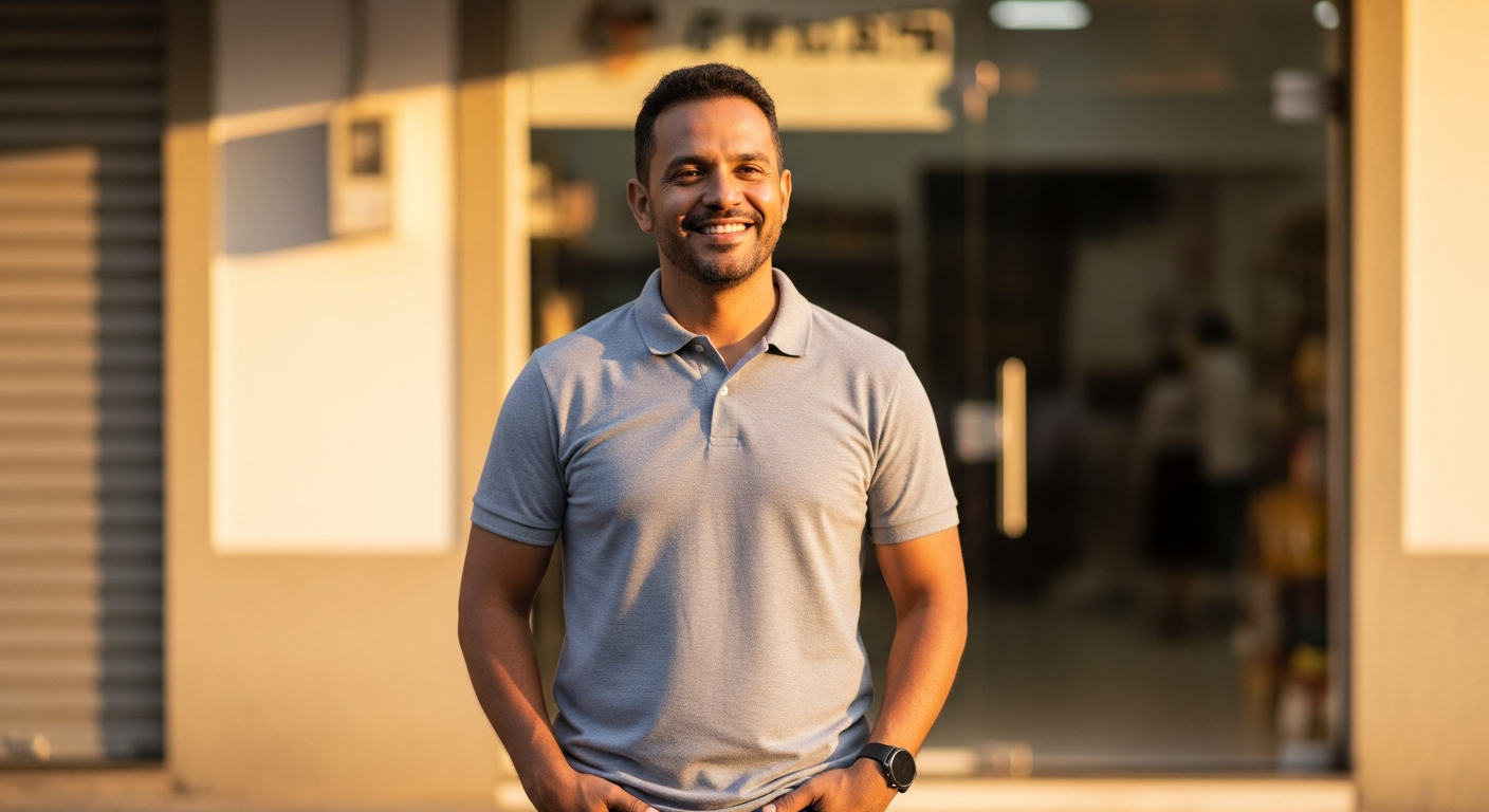 Empresário brasileiro orgulhoso na frente do seu negócio após conquistar capital de giro