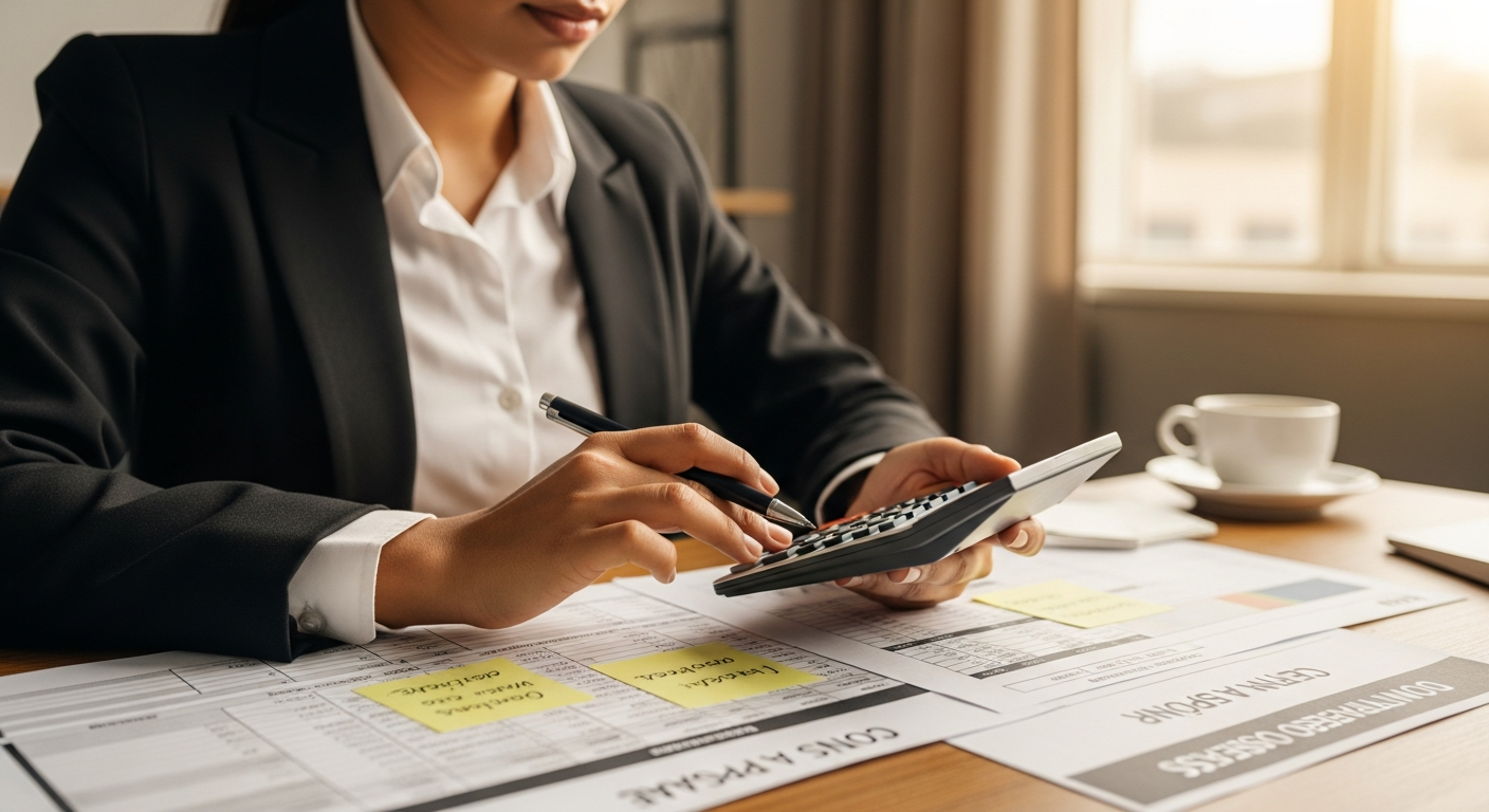 Empresária brasileira calculando necessidade de capital de giro com planilhas e calculadora