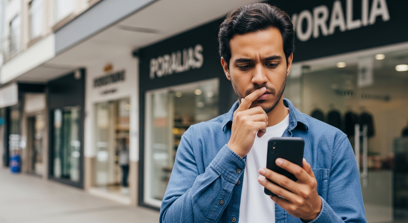 Empresário brasileiro olhando smartphone com dúvida sobre crédito digital em rua comercial