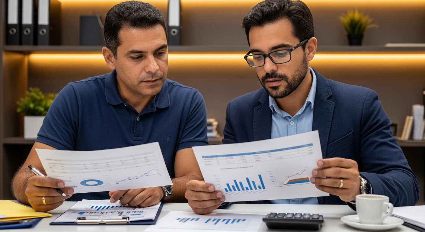 Empresário e contador brasileiros analisando margem de lucro e juros de capital de giro