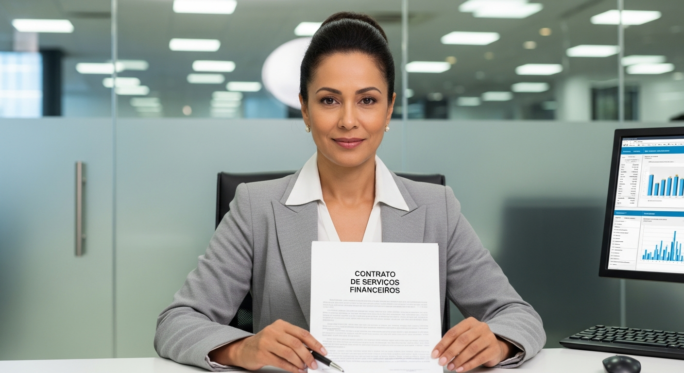 Gerente bancária brasileira apresentando contrato de crédito PJ com garantias em agência