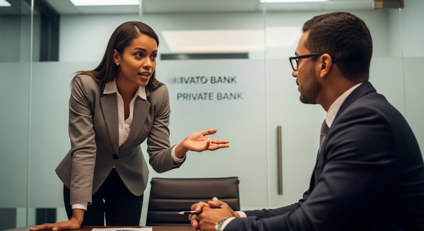 Empresária brasileira negociando taxa de juros de capital de giro com gerente PJ no banco
