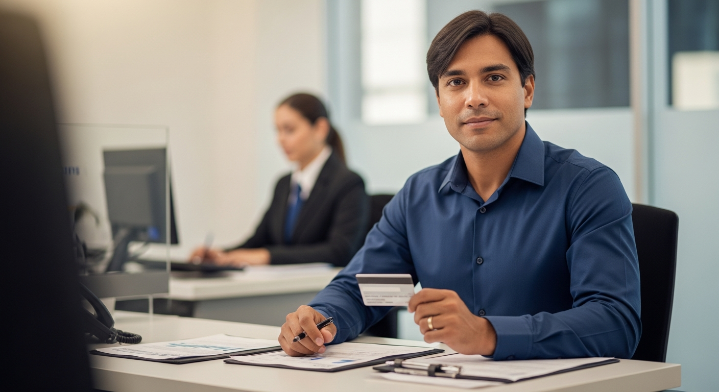 Empreendedor brasileiro segurando cartão de crédito empresarial em agência bancária moderna