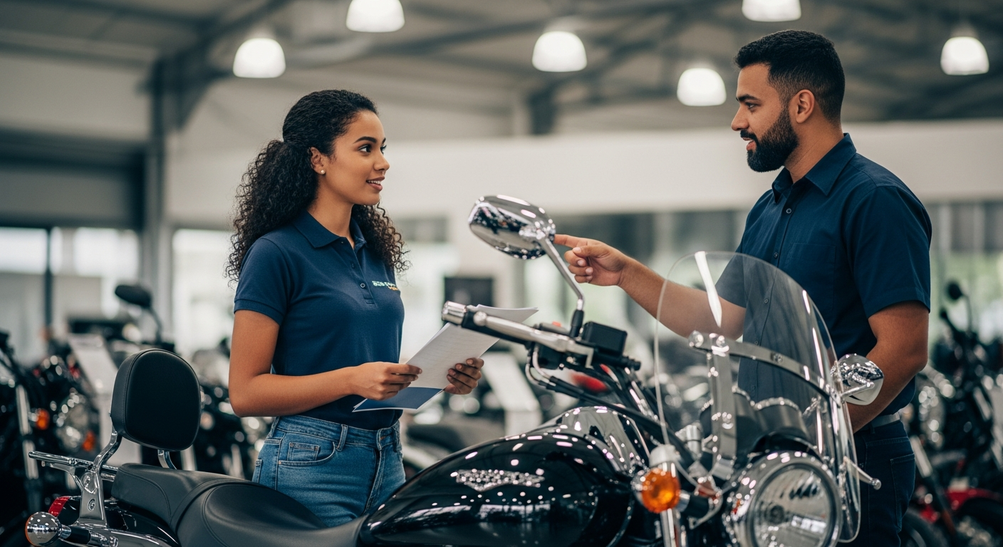 Empreendedora brasileira negociando compra de moto 0 km em concessionária com cartão BNDES