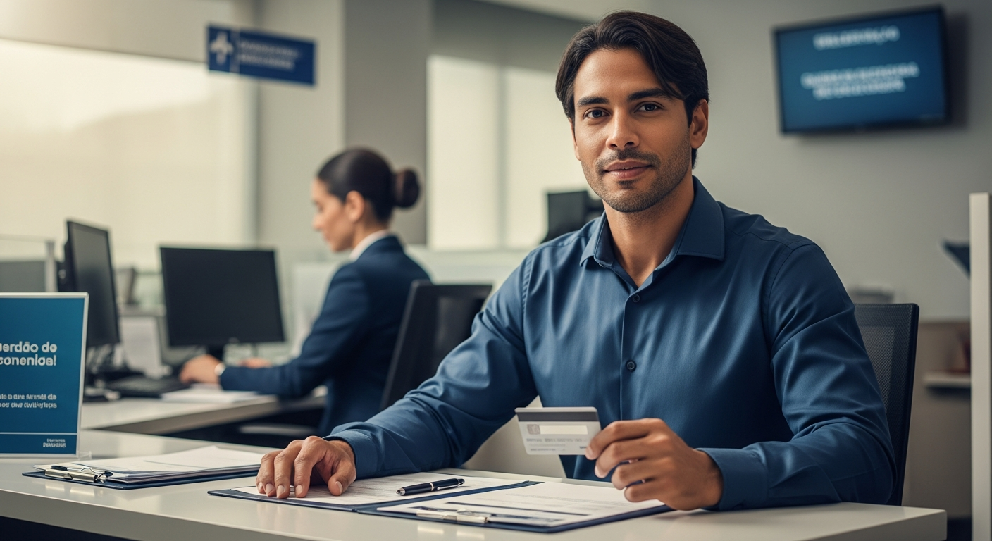 Empreendedor brasileiro segurando cartão de crédito empresarial em agência bancária moderna