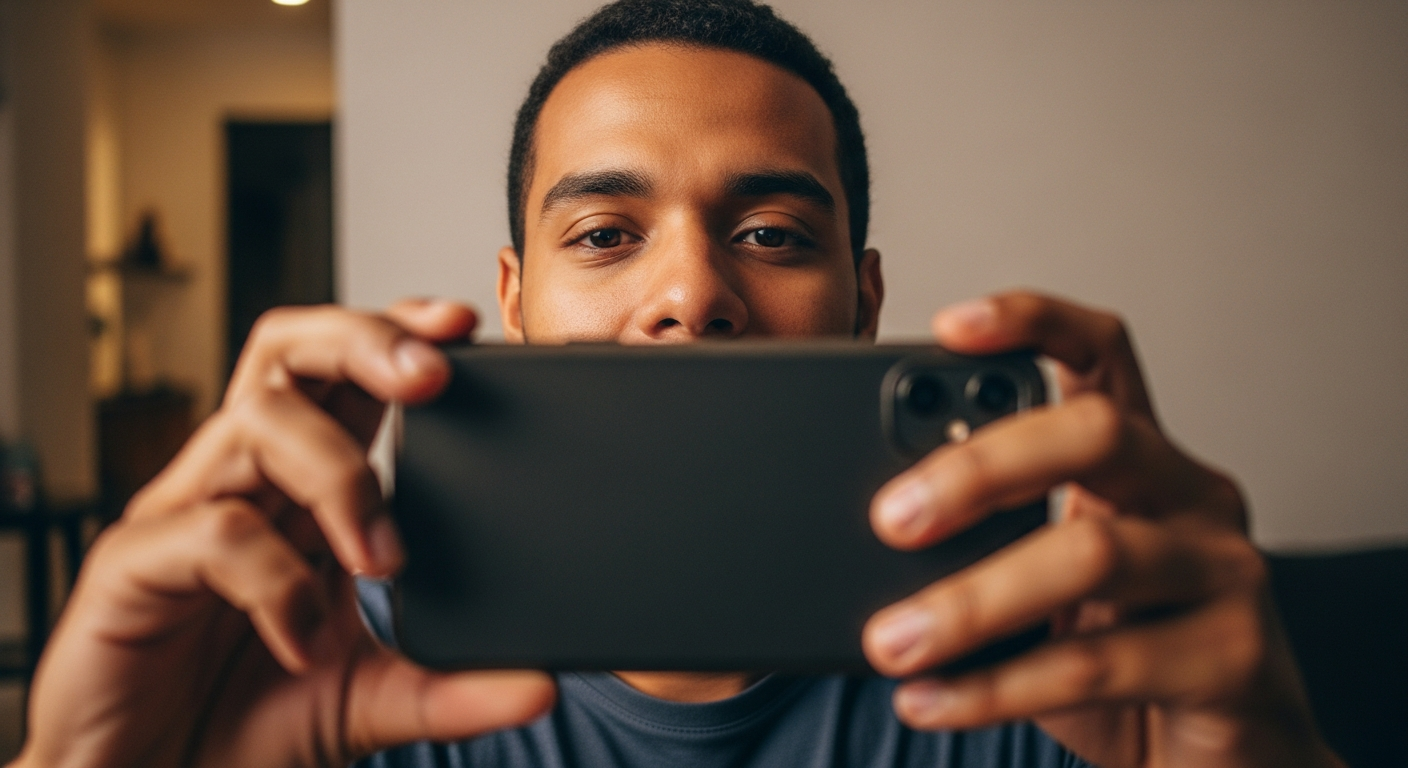Homem brasileiro tirando selfie no smartphone para foto de perfil em app bancário
