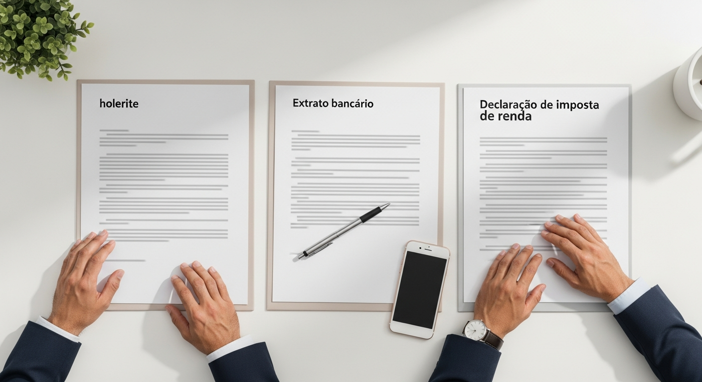 Documentos financeiros organizados na mesa ao lado de smartphone para comprovação de renda