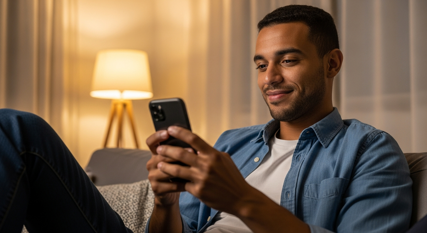Jovem brasileiro sorrindo ao ver aprovação de cartão de crédito no smartphone em casa