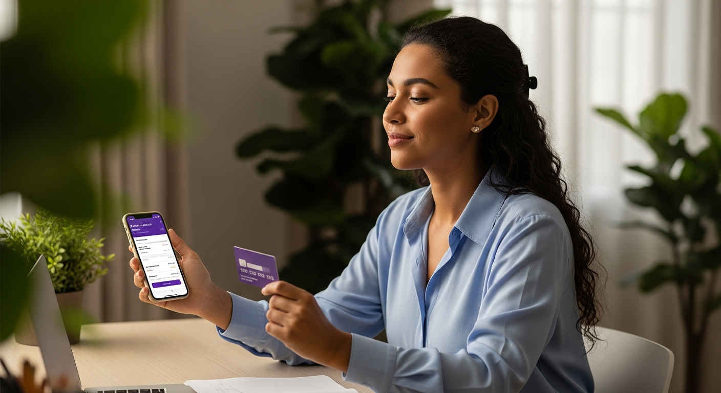 Mulher brasileira segurando cartão de crédito roxo e smartphone com app bancário aberto