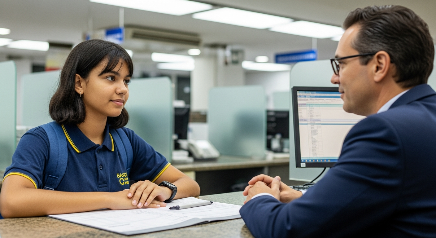 Adolescente brasileiro abrindo conta corrente em agência bancária física conversando com gerente de banco