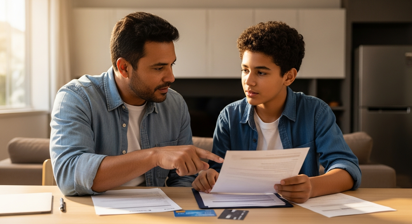 Pai e filho adolescente brasileiros analisando documentos bancários e cartão de crédito juntos em casa