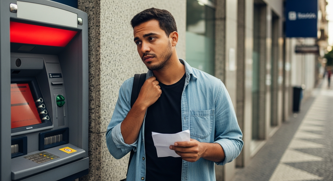 Homem brasileiro com expressão frustrada diante de caixa eletrônico de banco tradicional, representando negativa de crédito