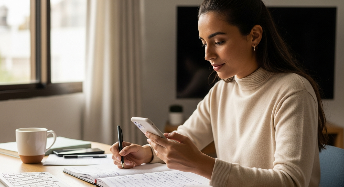 Mulher brasileira organizando finanças em home office, fazendo pagamento via Pix pelo celular com expressão concentrada e tranquila