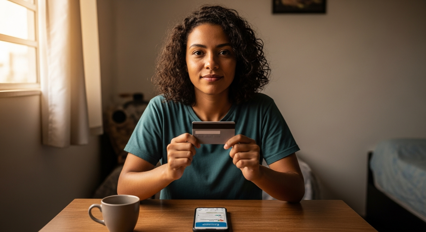 Jovem brasileira segurando cartão de crédito com expressão de alívio e confiança em apartamento simples com luz natural