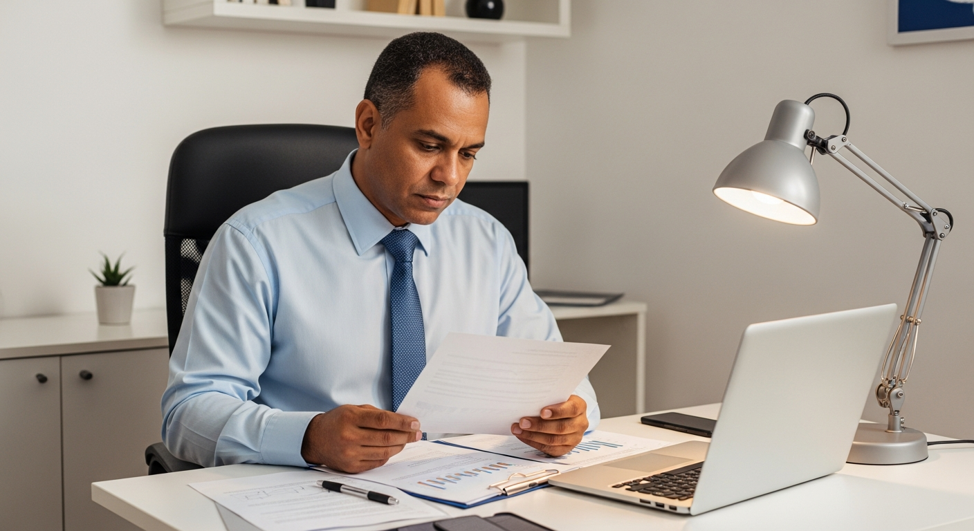 Empresário brasileiro analisando documentos financeiros em escritório de pequena empresa com expressão concentrada