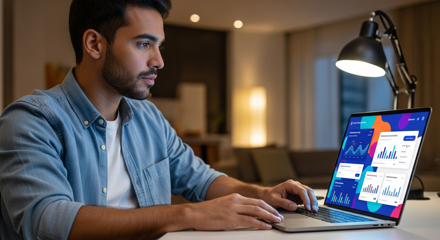 Homem brasileiro jovem olhando atentamente para notebook com interface de banco digital e dados financeiros