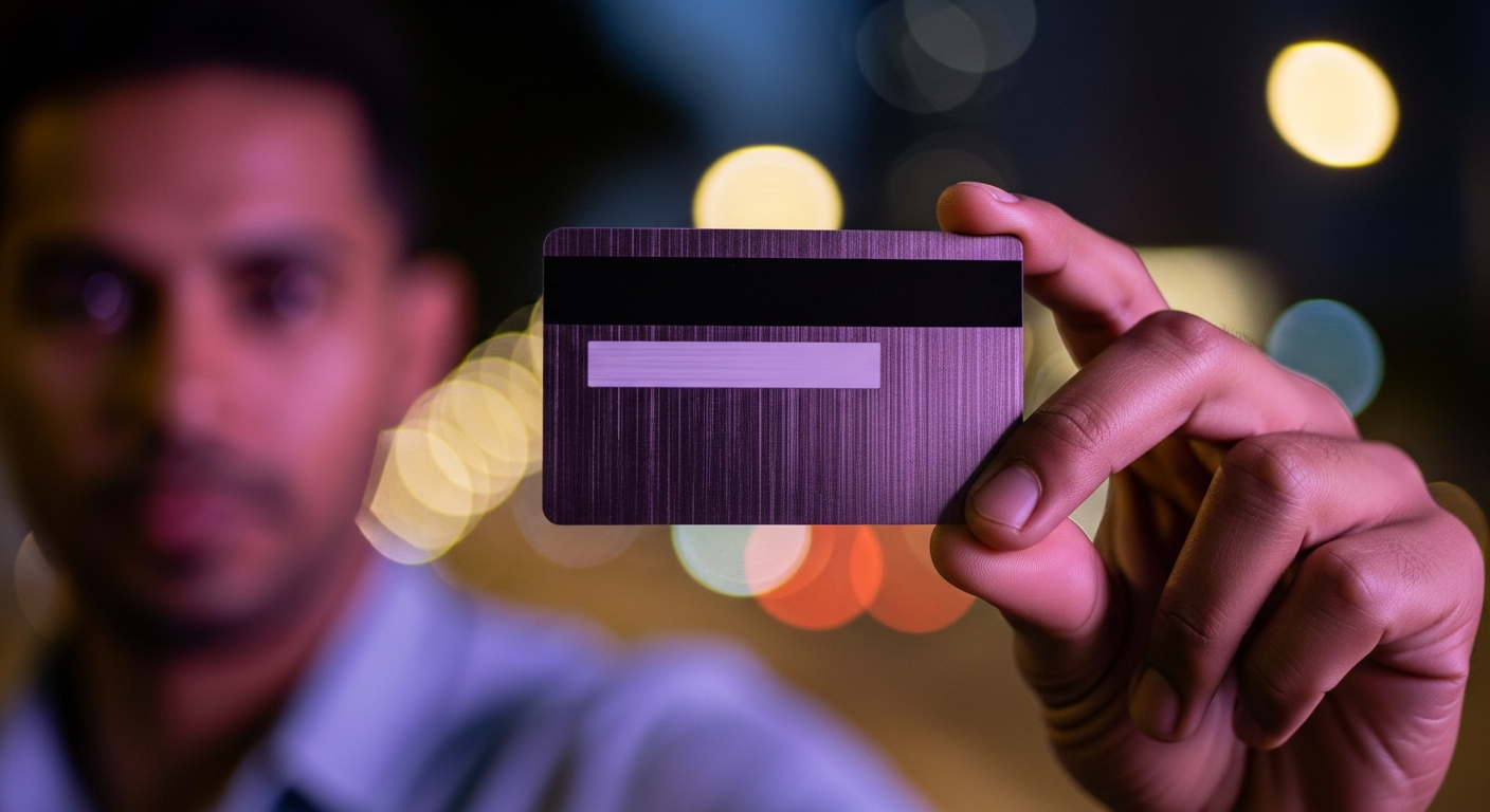 Mão segurando cartão Nubank Ultravioleta de metal roxo escuro com fundo urbano noturno desfocado