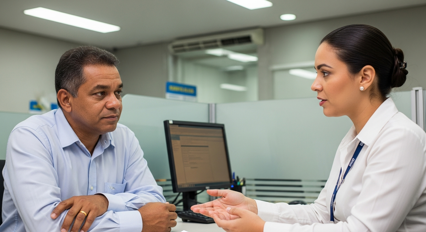 Cliente brasileiro em atendimento com gerente de banco discutindo limite do cartão de crédito