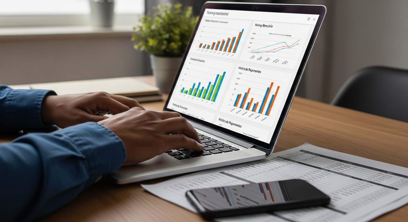 Analista financeiro brasileiro consultando gráficos de rating bancário em notebook para avaliação de crédito
