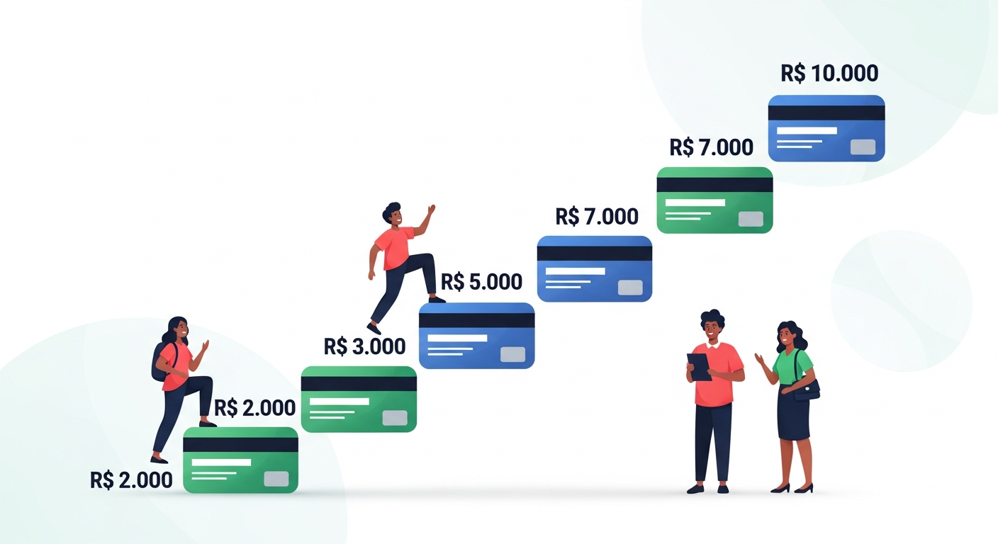 Infográfico mostrando escada de aumento gradual de limite do cartão de crédito com valores em reais