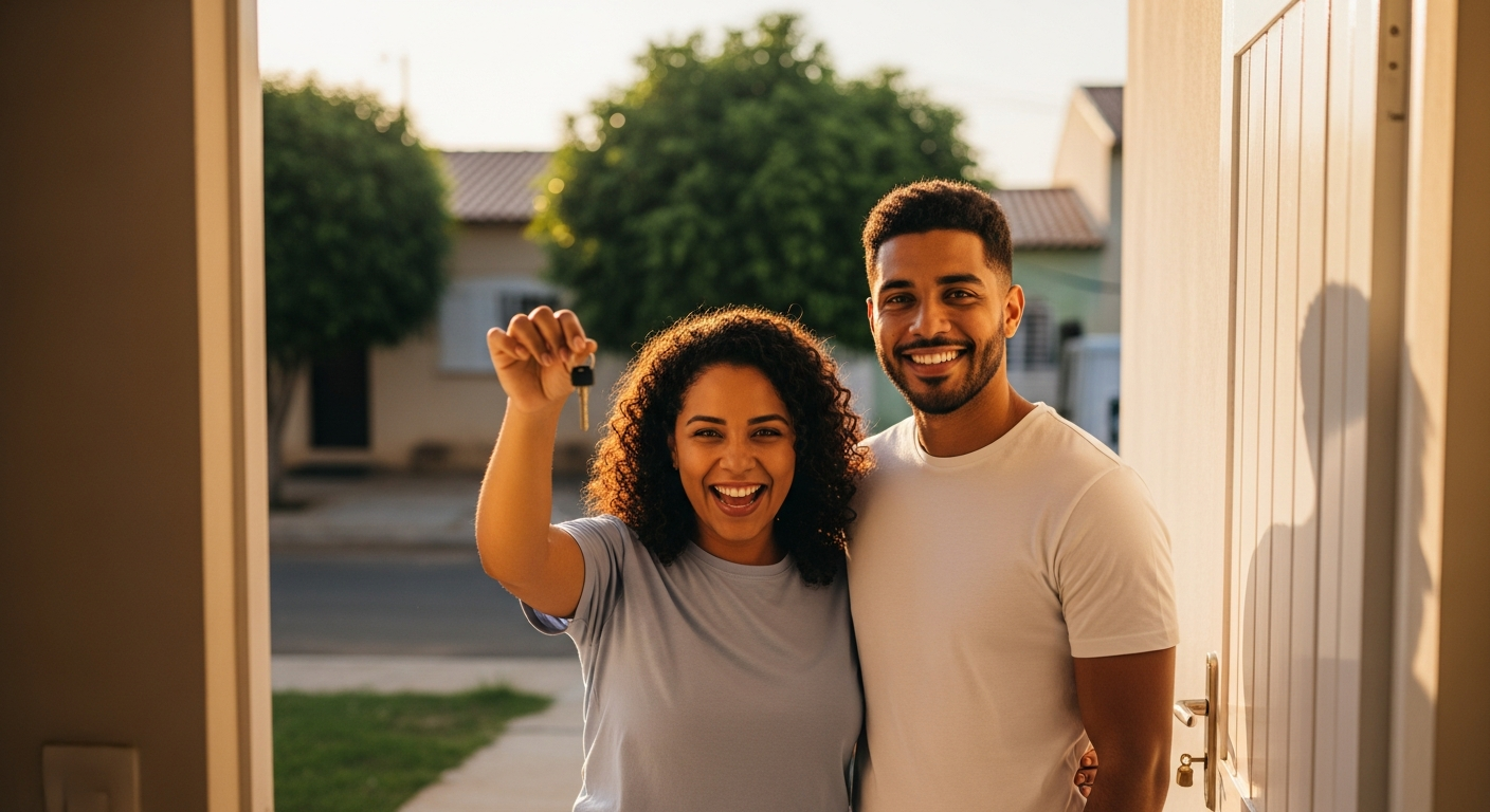 Casal brasileiro feliz na frente de casa nova segurando chave após aprovação de financiamento imobiliário