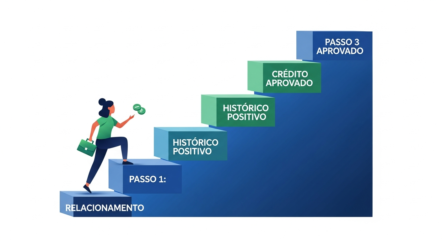 Infográfico mostrando escada com passos para desbloquear o nome nos bancos e recuperar o crédito