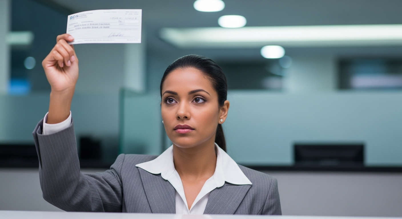 Funcionária bancária brasileira analisando cheque no guichê de agência bancária