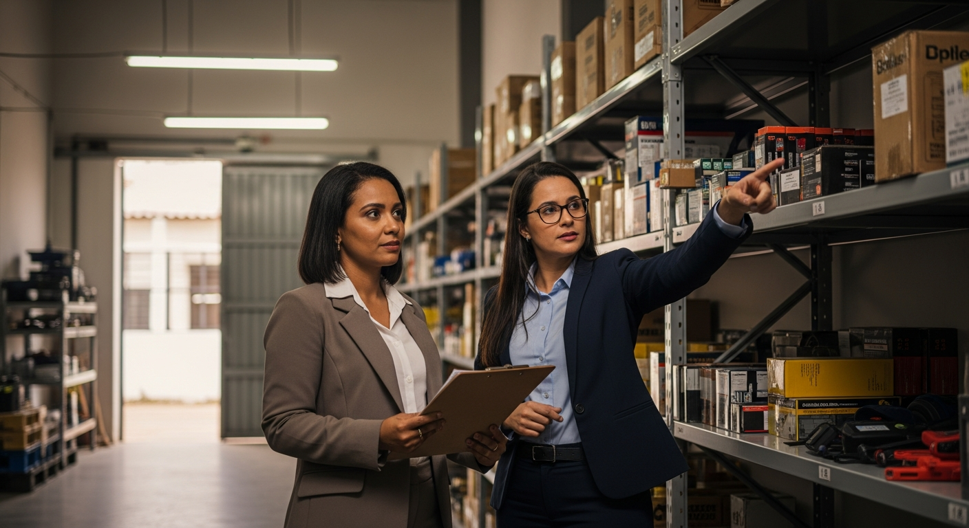 Duas empresárias brasileiras em depósito atacadista avaliando produtos para cadastro no portal BNDES