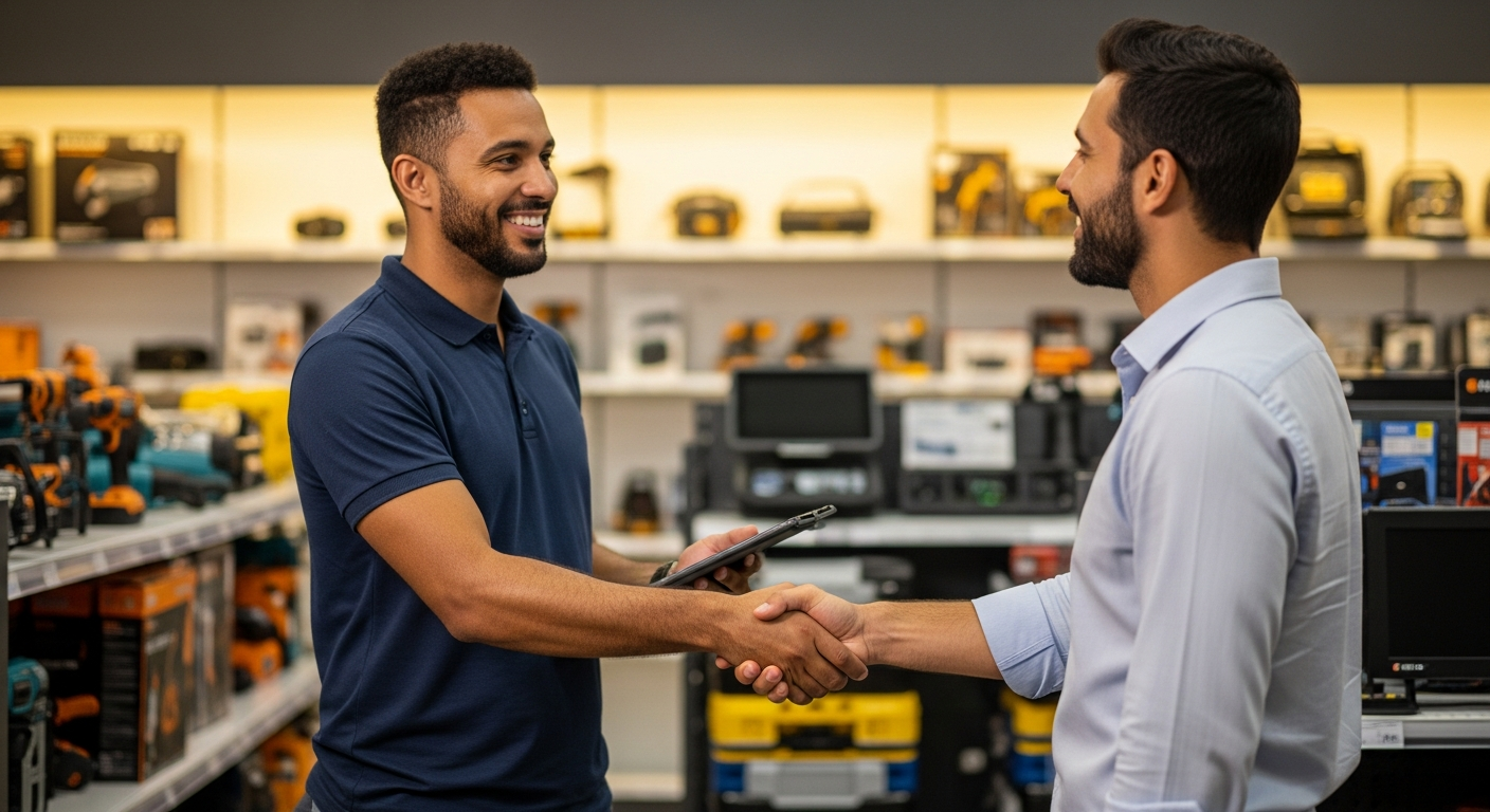 Vendedor e comprador brasileiros fechando negócio B2B em loja de equipamentos
