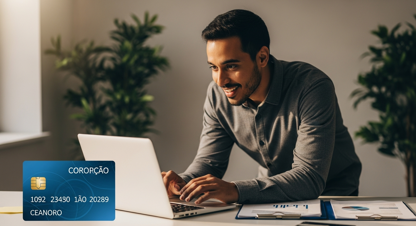 Empreendedor brasileiro acessando portal de vendas institucional em laptop no escritório