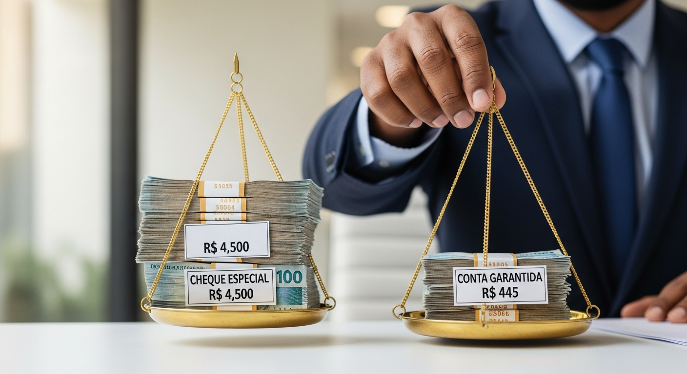 Balança com pilhas de dinheiro ilustrando diferença de custo entre cheque especial e conta garantida