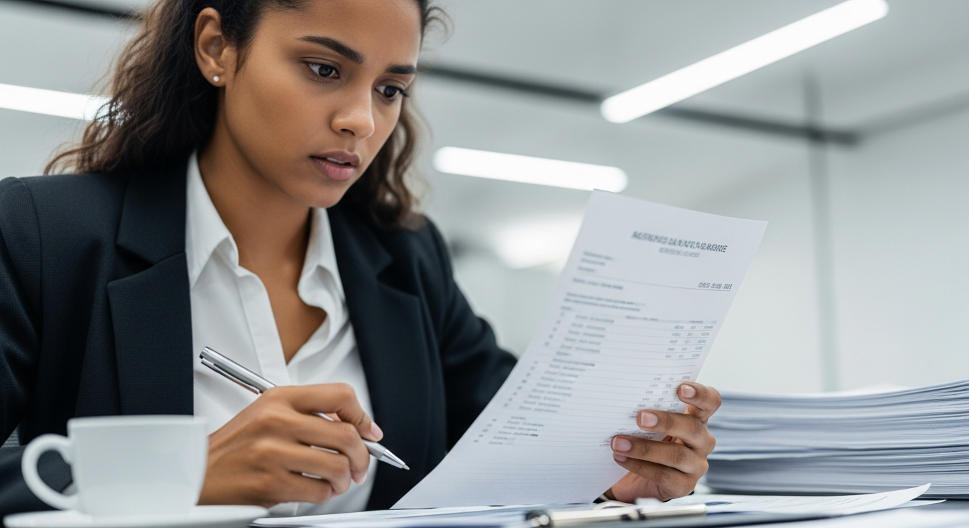 Empreendedora brasileira analisando extrato com tarifas de conta corrente empresarial
