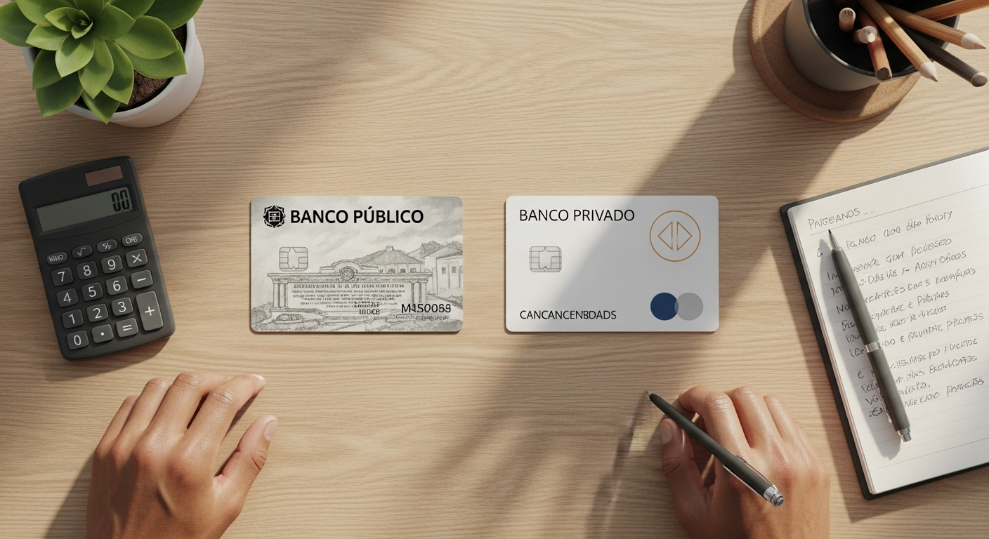 Dois cartões bancários empresariais lado a lado representando banco público e banco privado