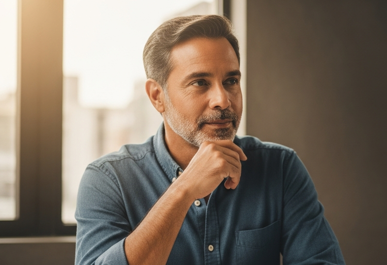 Empresário brasileiro analisando duas contas bancárias para empresa sobre a mesa do escritório