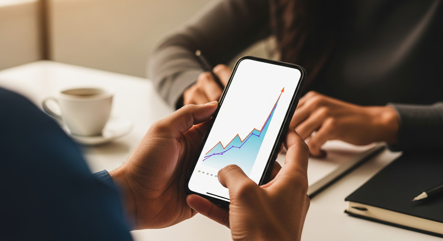 Mãos brasileiras segurando smartphone com gráfico ascendente representando melhora do score de crédito para empresa