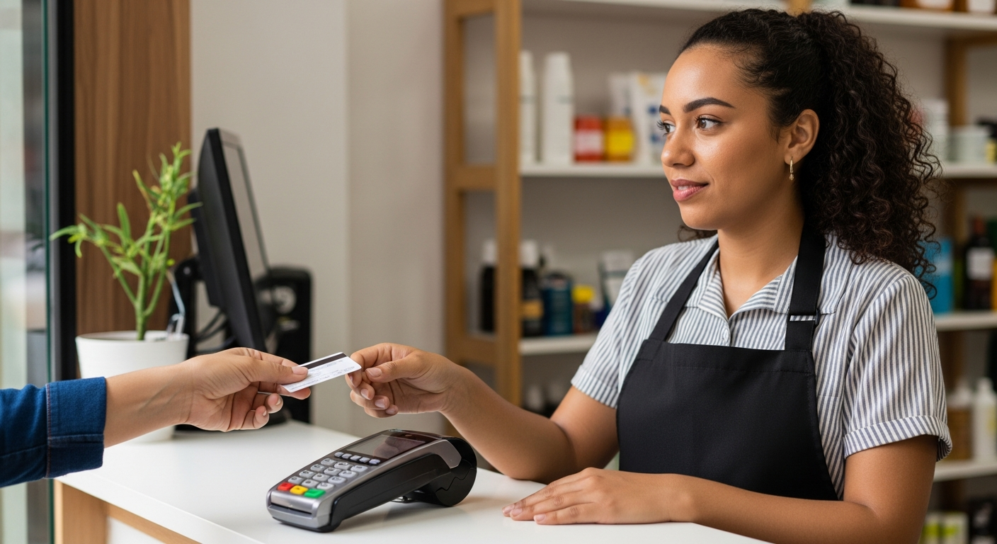 Vendedora brasileira usando maquininha de cartão em pequeno comércio para construir histórico de crédito bancário