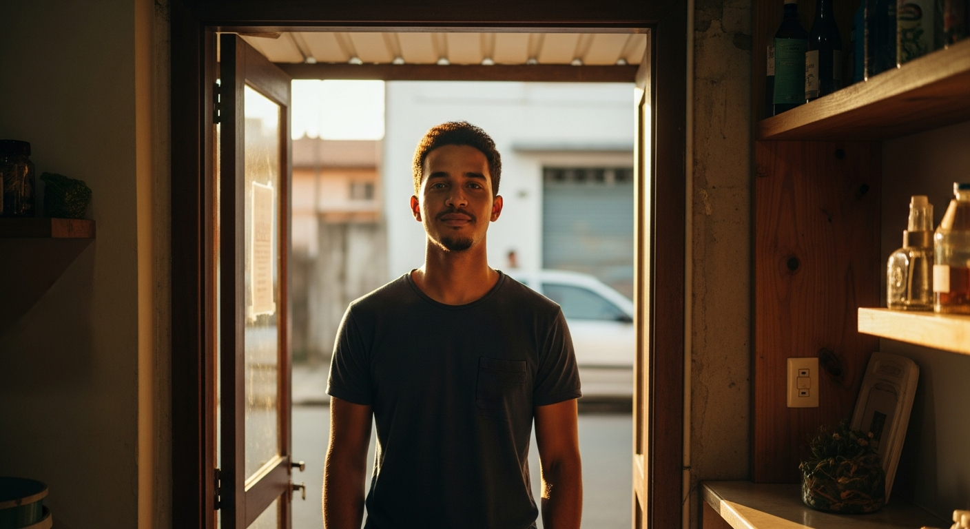 Empreendedor brasileiro jovem na porta do próprio negócio com expressão de confiança ao conseguir crédito bancário para pequenas empresas