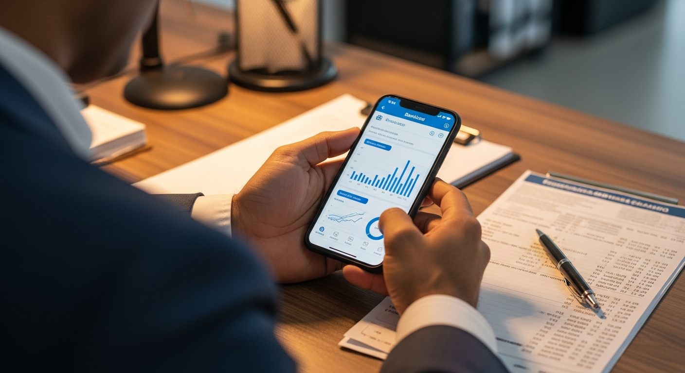 Mãos de empresário brasileiro segurando celular com app bancário e extratos sobre mesa — conta PJ ativa