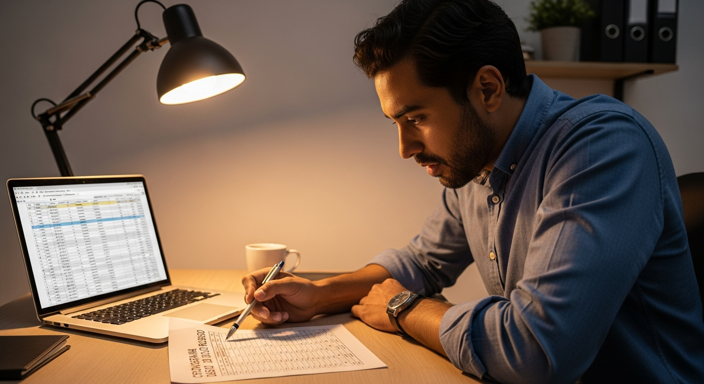 Empresário brasileiro analisando planilha de planejamento financeiro com caneta e laptop em escritório