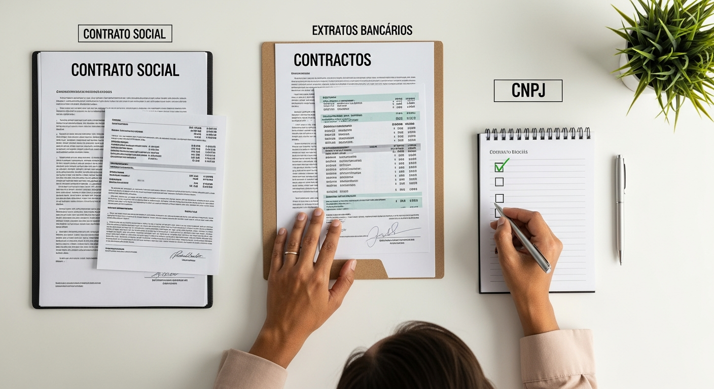 Vista aérea de mesa organizada com documentos empresariais e mão brasileira com caneta — checklist crédito
