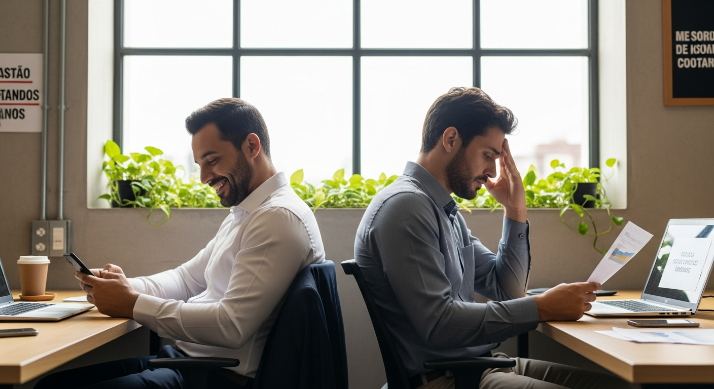 Dois empresários brasileiros com reações opostas diante de análise financeira em coworking