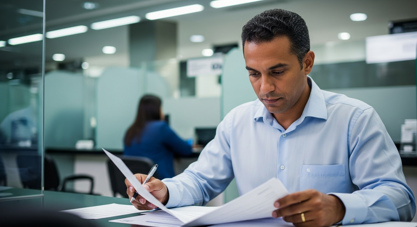 Gerente bancário brasileiro analisando documentos de solicitação de crédito empresarial