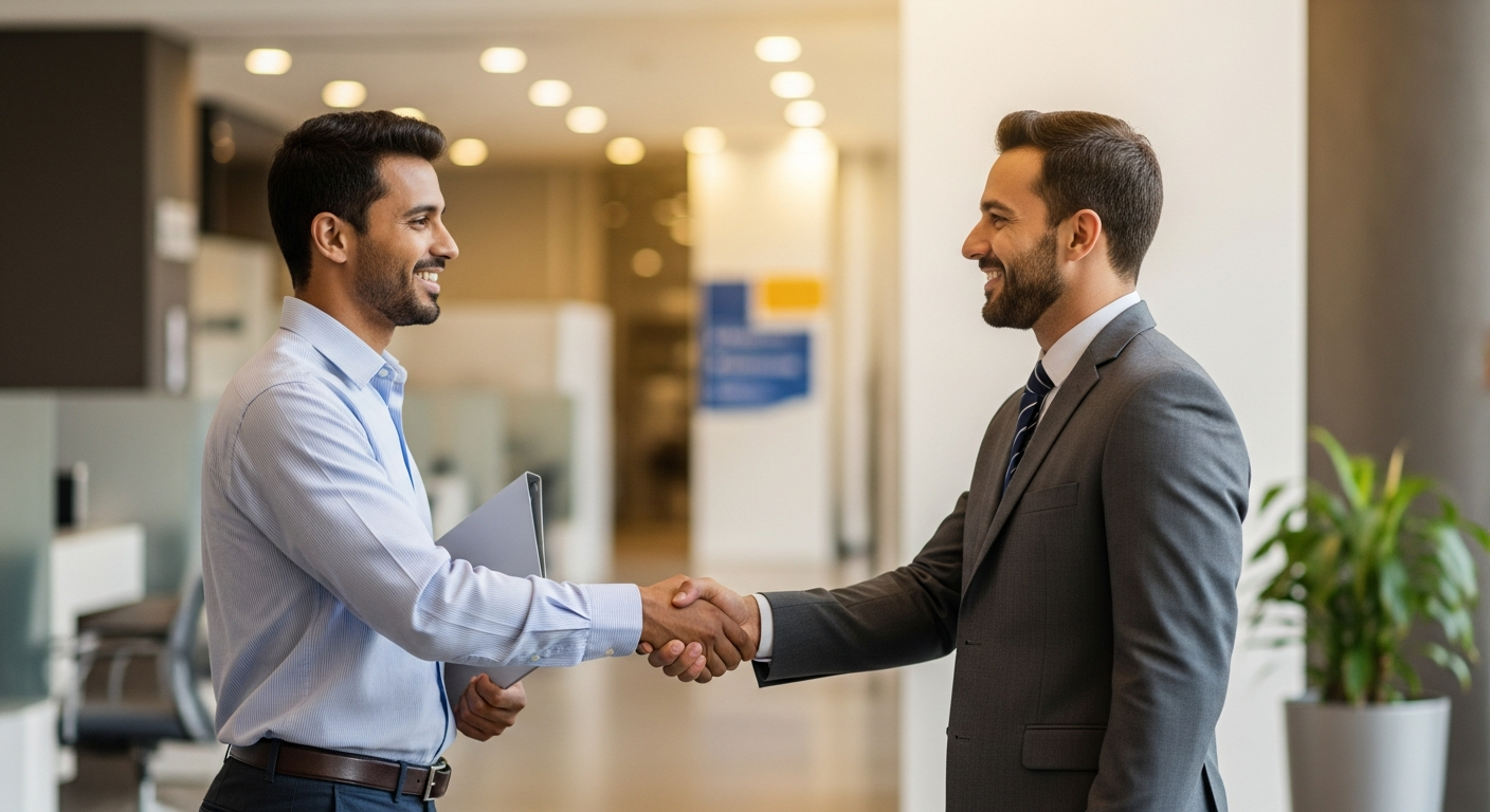 Dois homens brasileiros em aperto de mão representando parceria de garantia em crédito empresarial BNDES