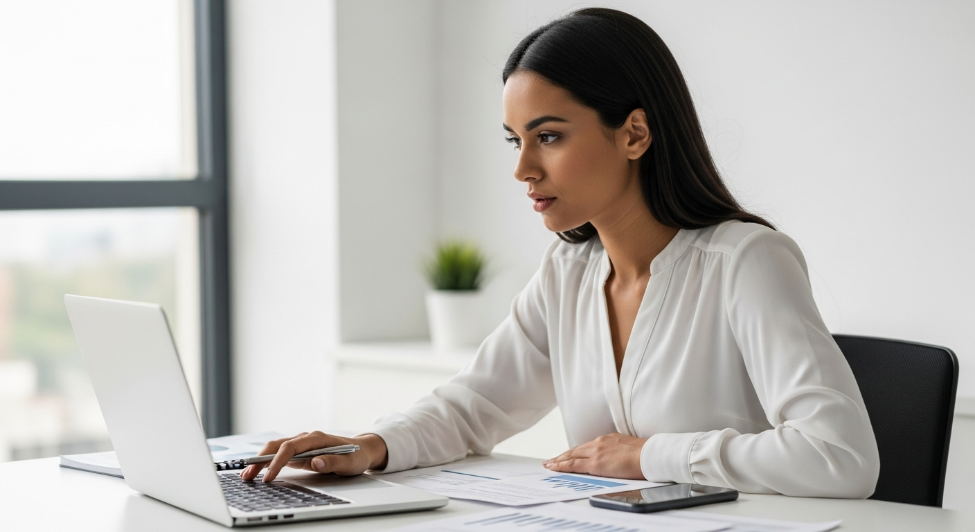 Executiva brasileira analisando rating bancário da empresa em computador em escritório moderno