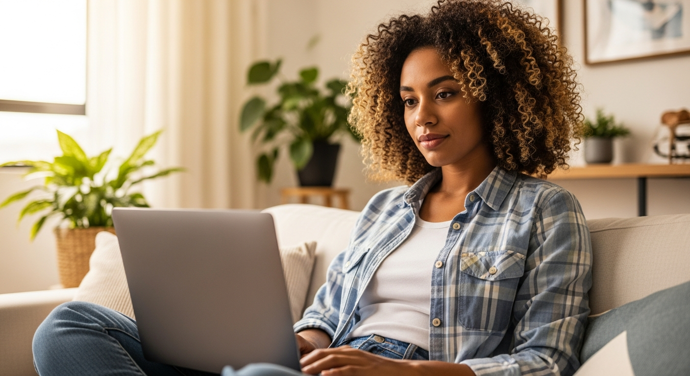 Mulher brasileira atualizando cadastro bancário no laptop em casa com expressão confiante